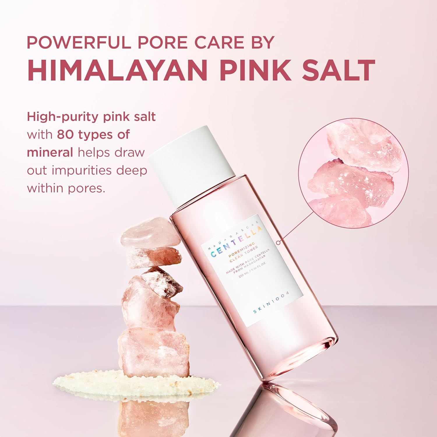 Flacone rosa, tappo bianco. Cristalli rosa e testo: Himalayan Pink Salt. Aiuta a rimuovere le impurità.