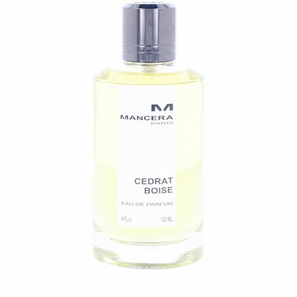 Flacone di profumo. Scritta: Mancera, Cedrat Boise, Eau de Parfum. Tappo nero, flacone trasparente.