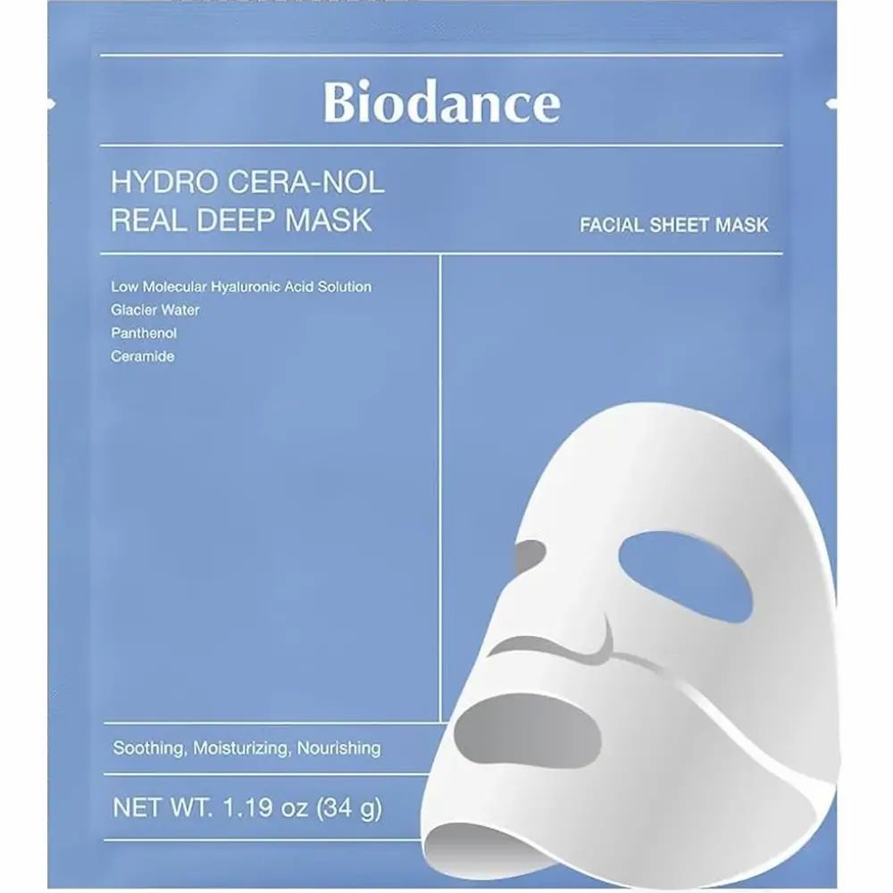 Confezione blu Biodance con maschera. Testo: Hydro Cera-Nol Real Deep Mask, Facial Sheet Mask. Ingredienti. Peso netto: 34 g.