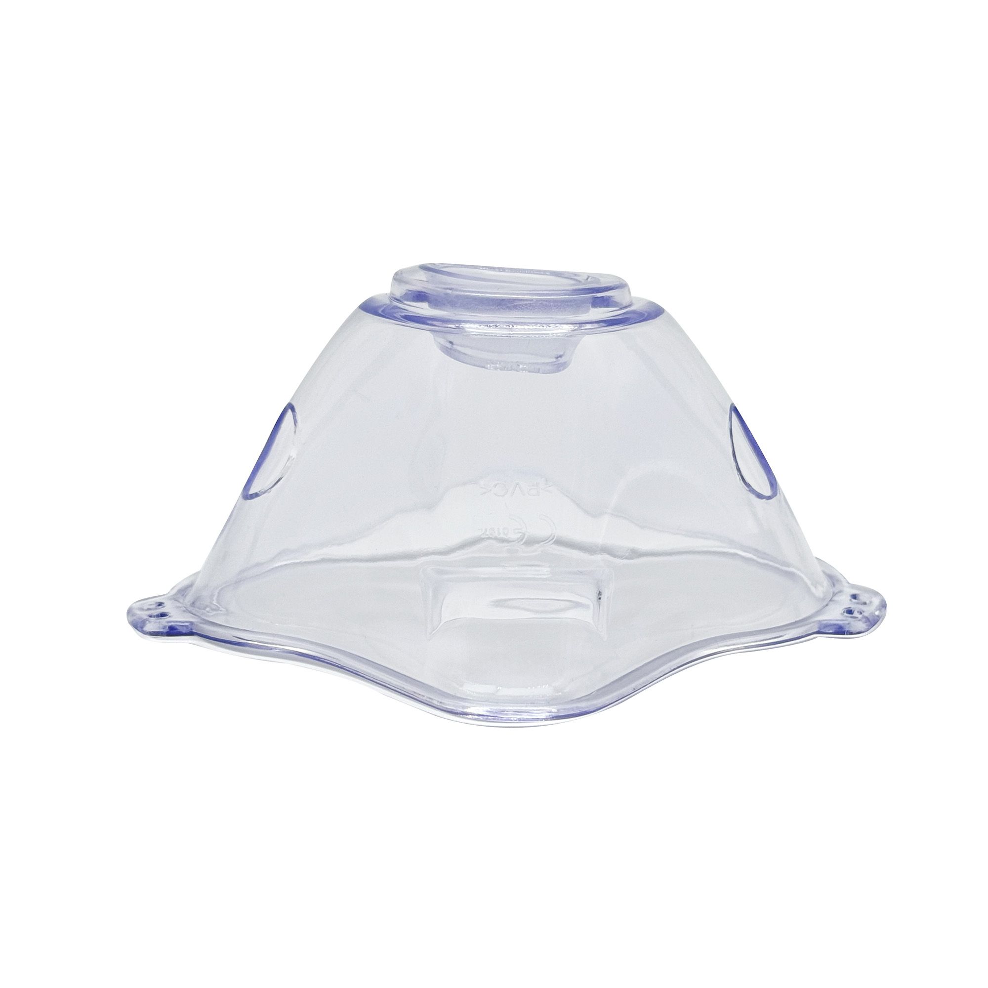 Maschera per inalazione trasparente per adulti. Forma conica con fori laterali. Punti di fissaggio agli angoli.