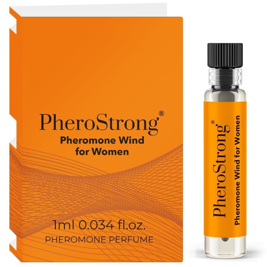 Campione di profumo PheroStrong Pheromone Wind for Women, 1ml. Confezione arancione e piccolo flacone in vetro con tappo nero.