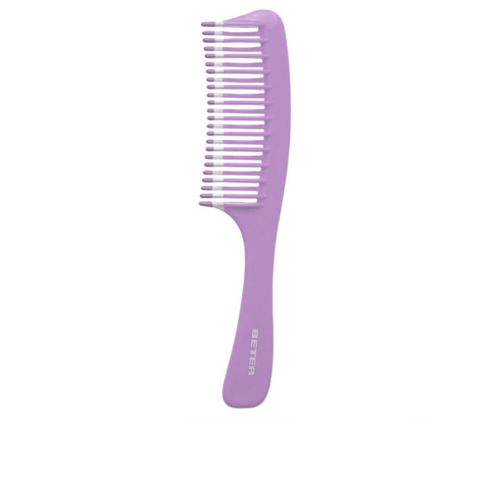 Pettine lilla a denti larghi bianchi. Manico con marchio BETER. Pettine dritto.