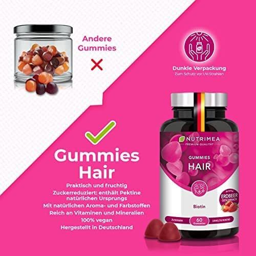 Confronto Nutrimea Hair Gummies con altre caramelle gommose. Flacone con etichetta, 60 caramelle gommose. Testo: Pratico e fruttato.