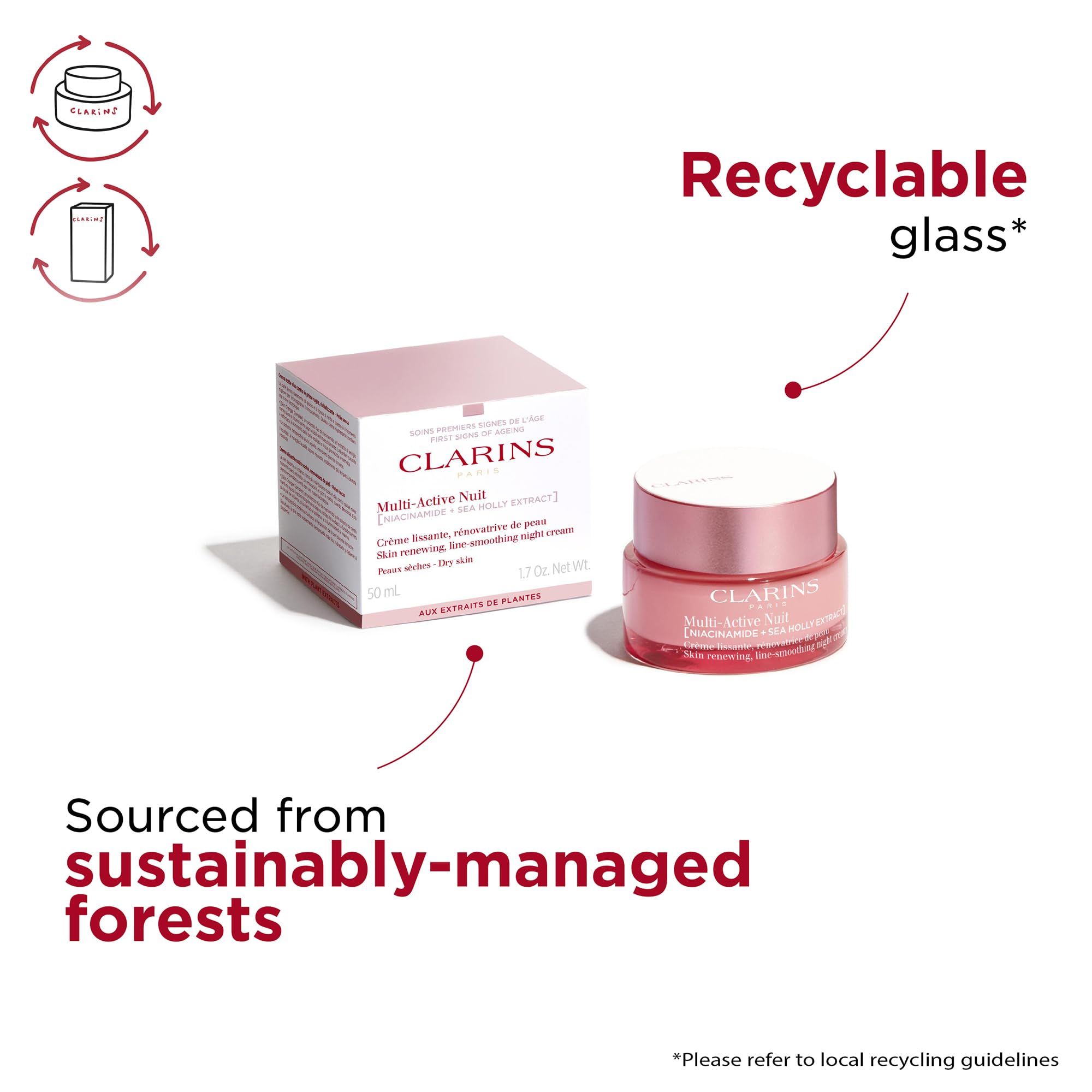 Confezione e vaso. Testo: Clarins, Multi-Active Nuit, Crème lissante, rénovatrice de peau. Vetro riciclabile. Da foreste gestite in modo sostenibile.