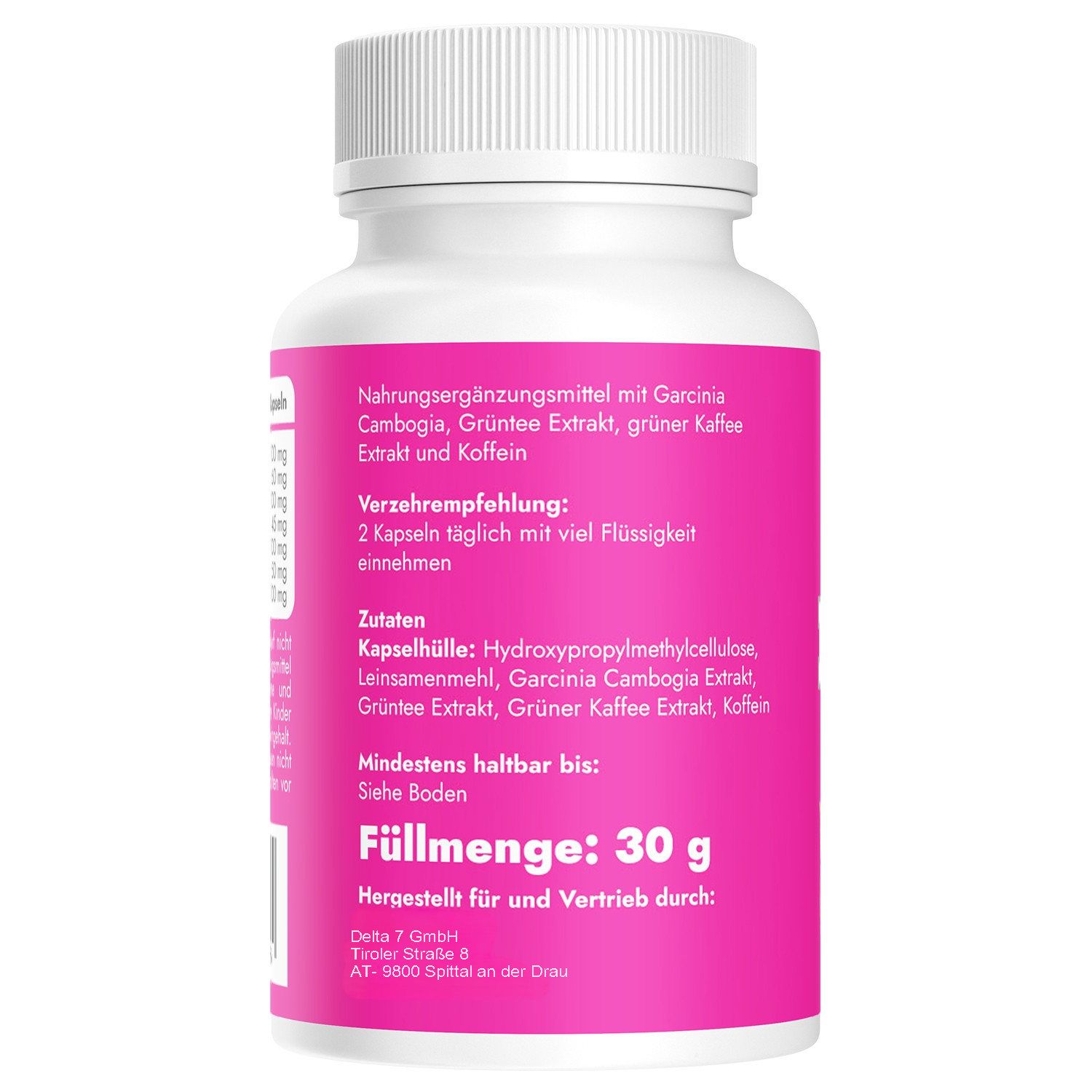 Retro del flacone. Etichetta rosa con testo: Integratore alimentare con Garcinia Cambogia, Estratto di caffè verde, Caffeina. 30 g.