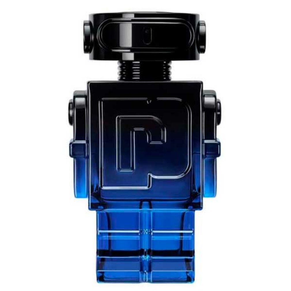 Flacone di profumo a forma di robot blu e nero. Il flacone ha la forma di un robot con una "P" sul petto.