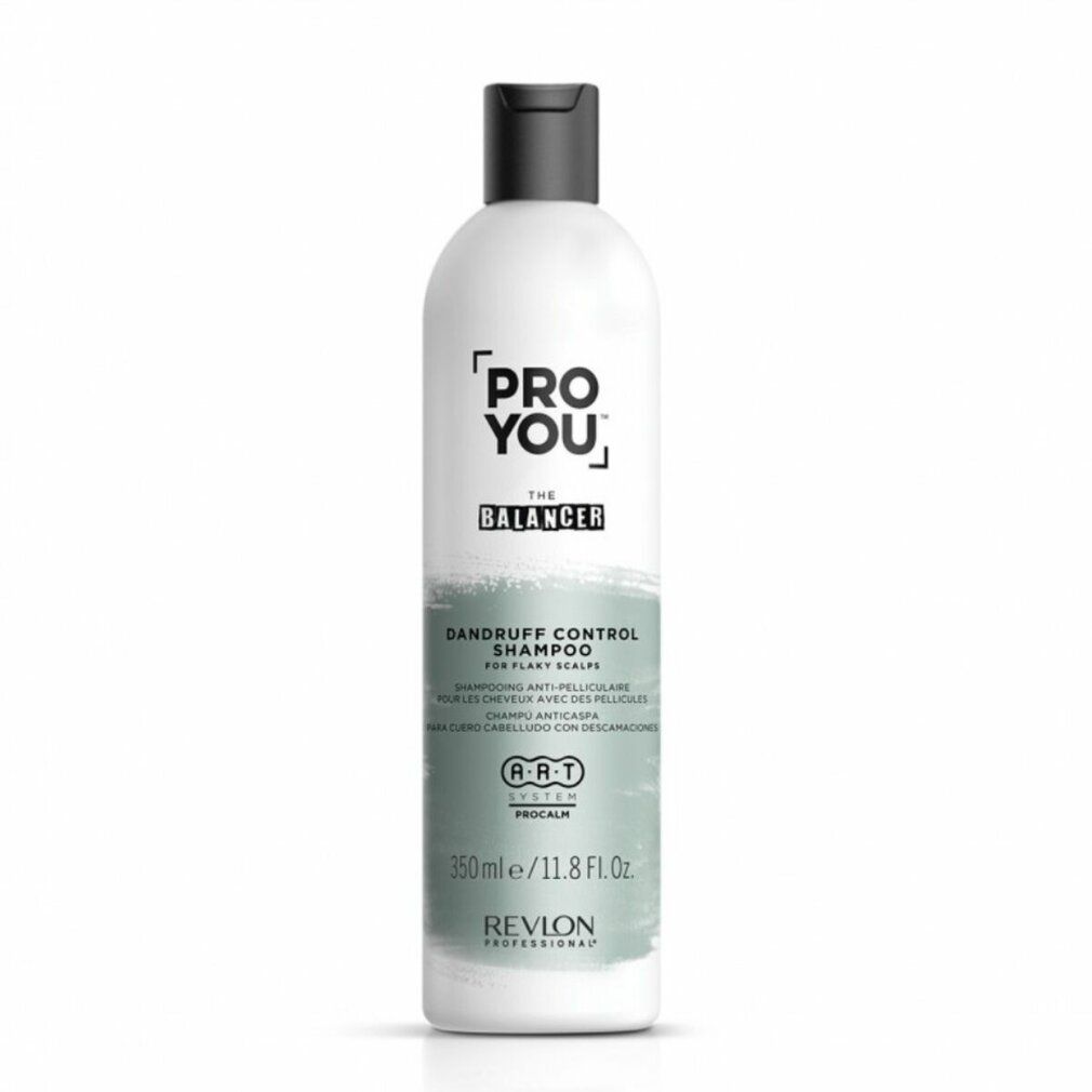 Flacone bianco con tappo nero. Scritta: PRO YOU, THE BALANCER, Shampoo anti-forfora. Revlon Professional.