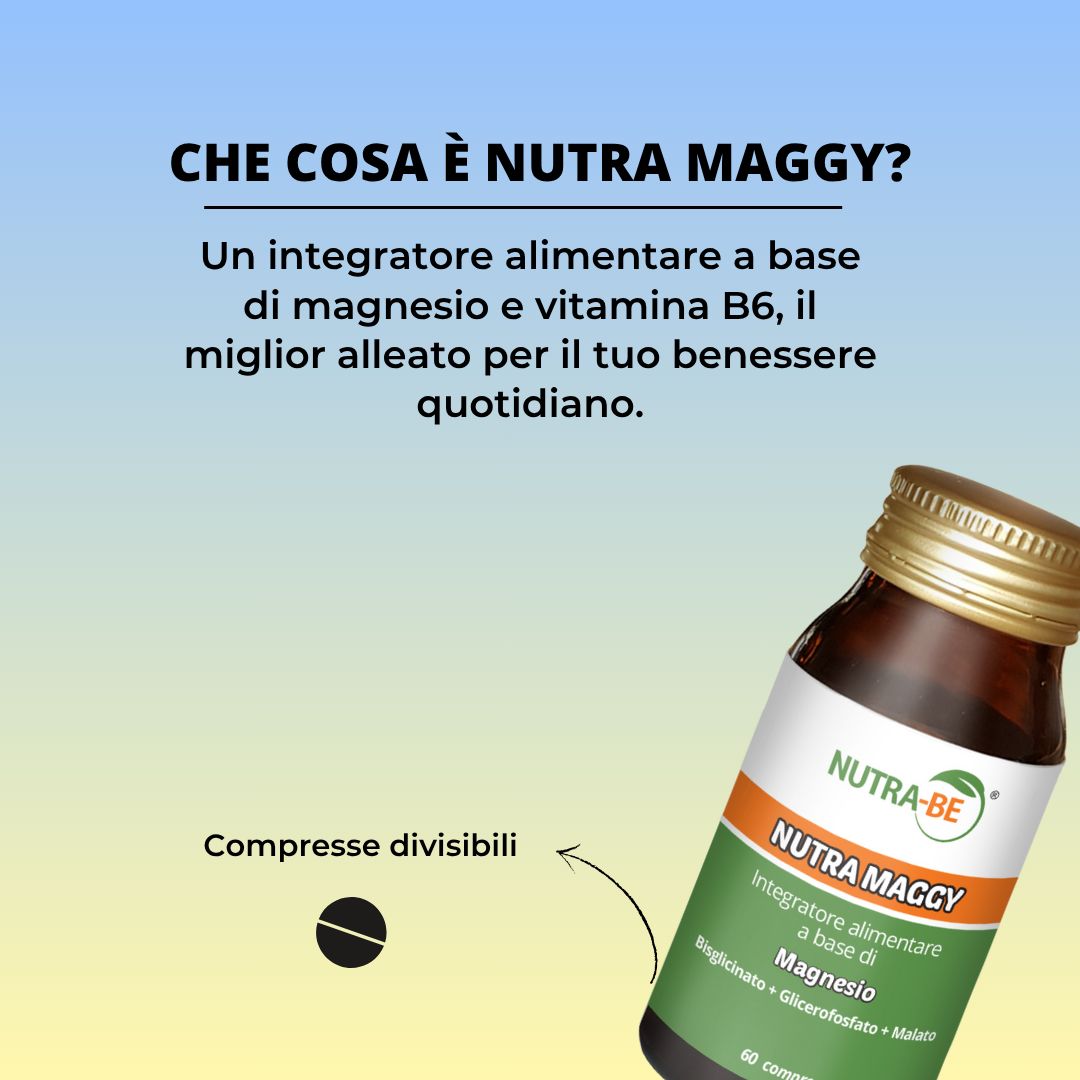 Flacone di vetro marrone con tappo dorato. Etichetta con informazioni sul prodotto. Testo: Nutra Maggy, Magnesio.