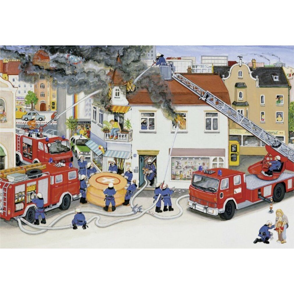 Pz. Bei der Feuerwehr 2x24T. Puzzle con motivo pompieri. Scena con autopompe, vigili del fuoco e un edificio in fiamme. Marca: Ravensburger.