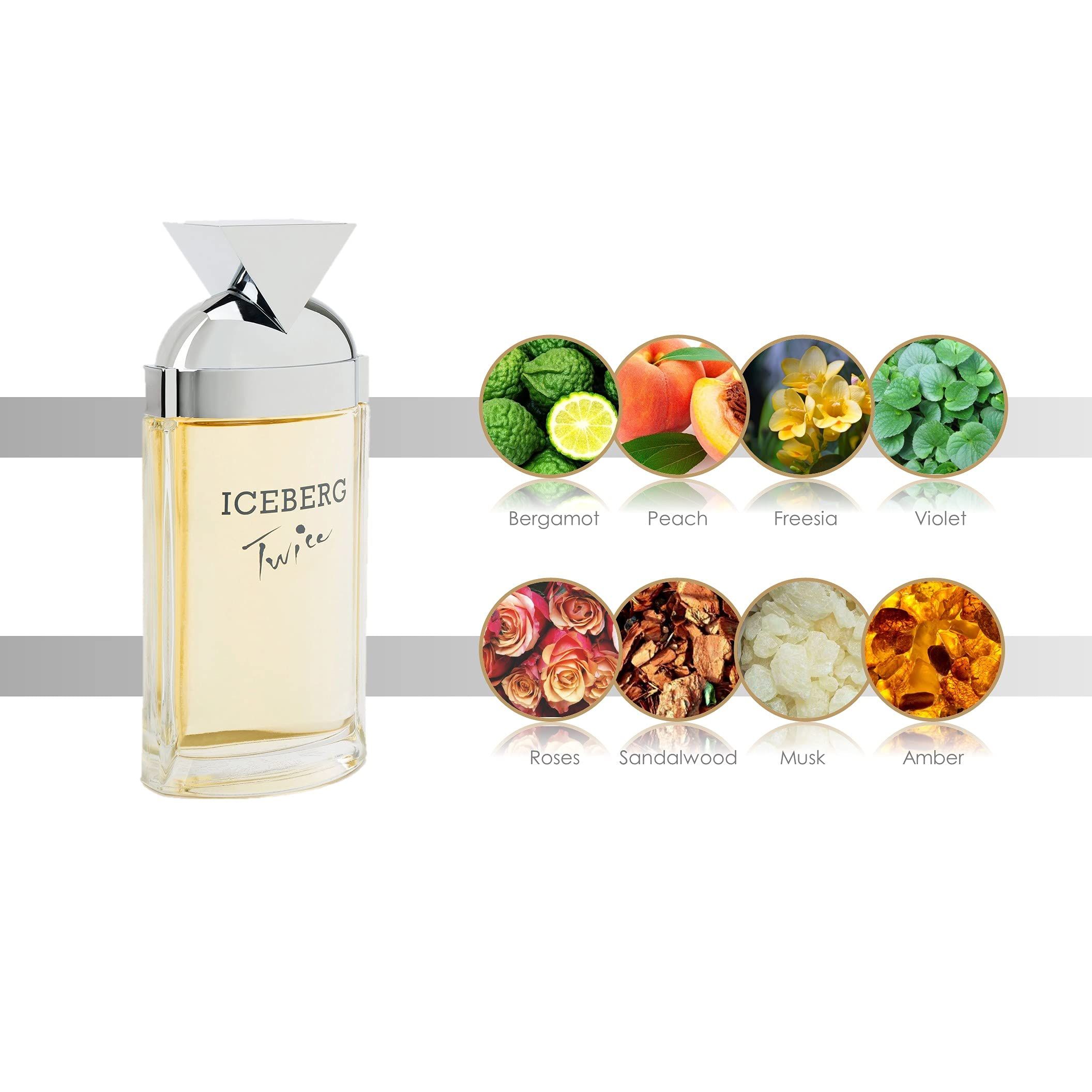 Iceberg Twice Eau de Toilette da donna. Flacone con tappo argentato. Illustrazione delle note olfattive.