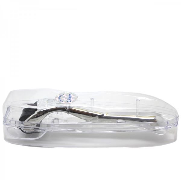 Derma roller con manico argentato in custodia protettiva trasparente, aghi da 0.25 mm.