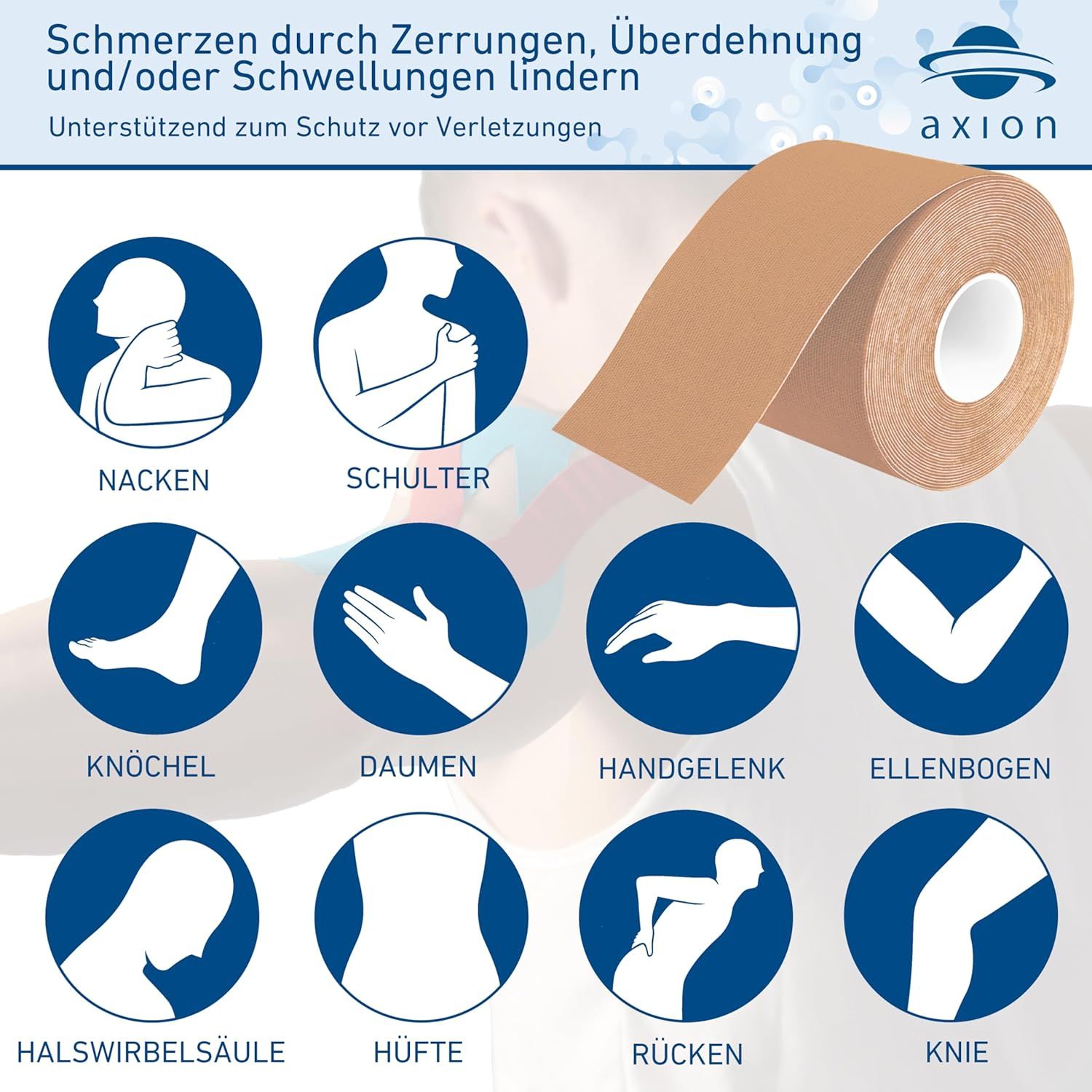 Rotolo di kinesio taping axion, beige. Illustrazioni di parti del corpo con cerchi blu. Logo axion.