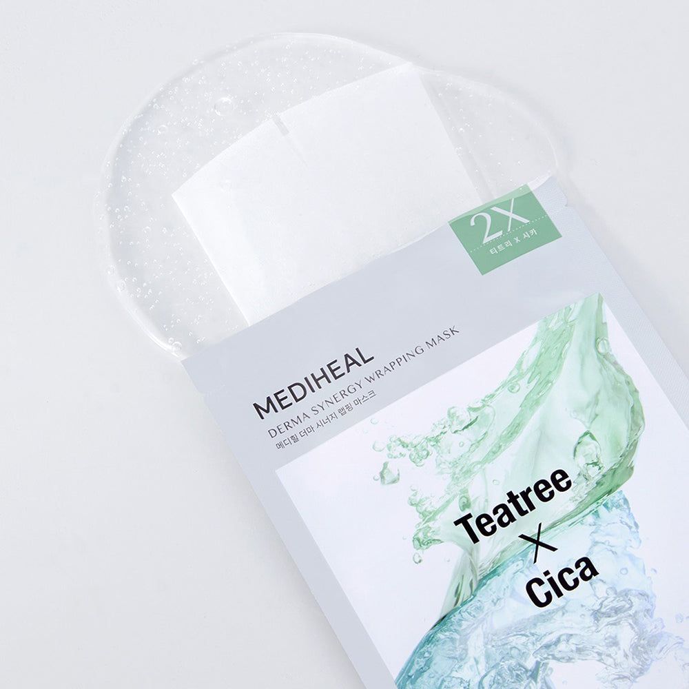 Confezione di maschera per il viso. Scritta: MEDIHEAL, Teatree X Cica. 2X. Maschera bianca in gel trasparente.