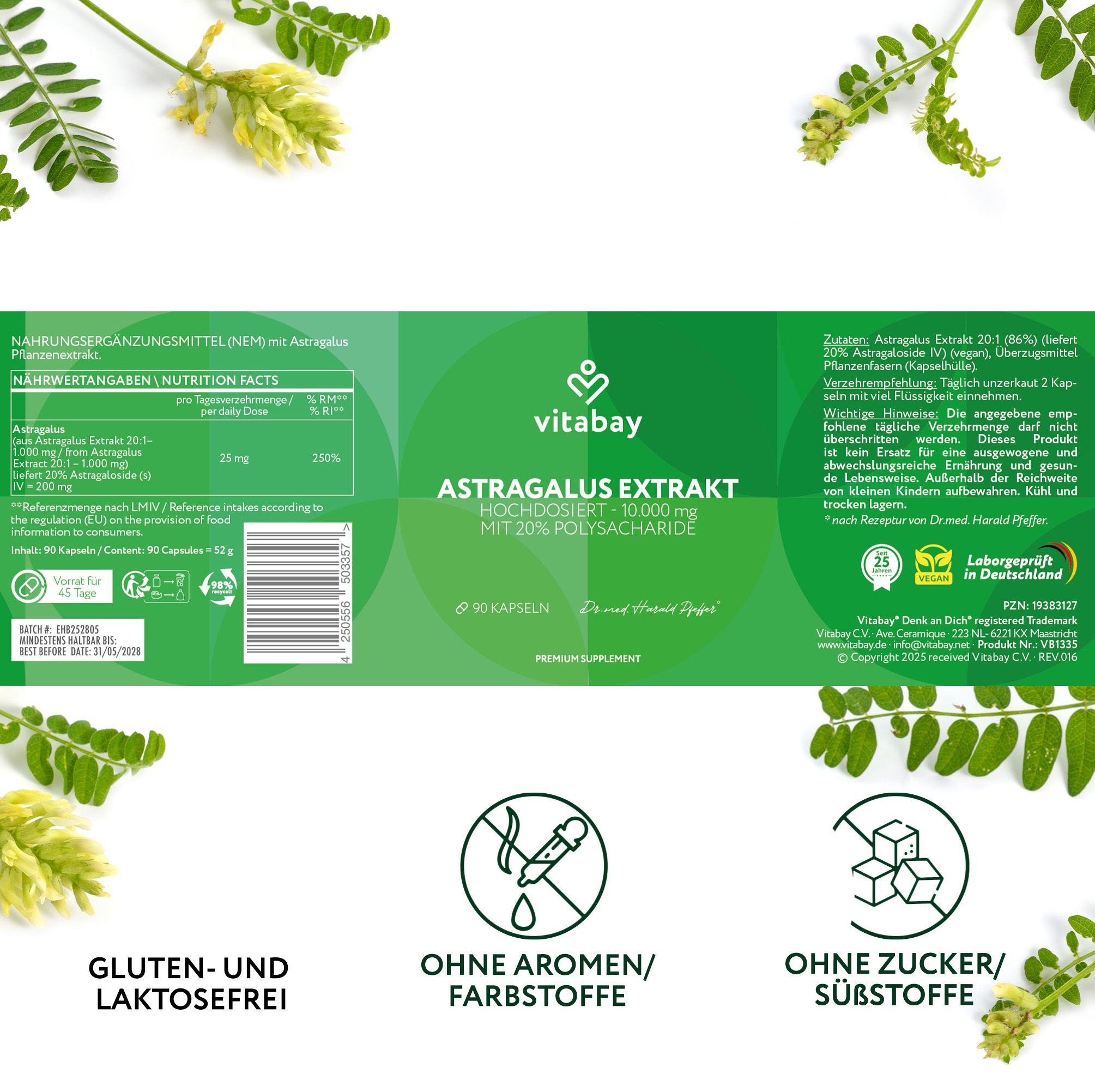 Retro di una confezione con informazioni sull'estratto di Astragalo Vitabay. Contiene informazioni nutrizionali, ingredienti e certificazioni.