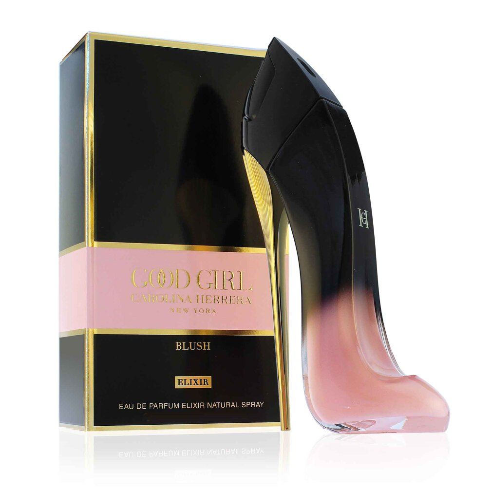 Flacone di profumo a forma di tacco alto, sfumato nero-rosa, accanto a una scatola nera con dettagli dorati. Testo: Good Girl Blush Elixir.