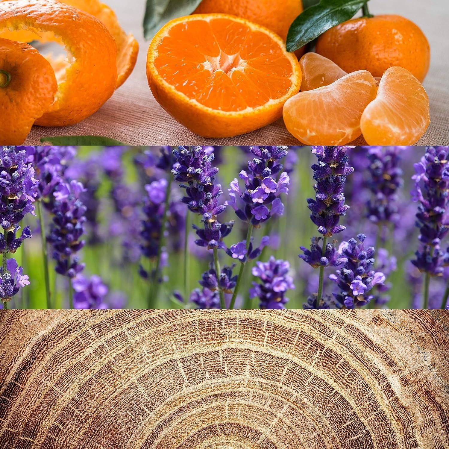 Primo piano di mandarini, lavanda e legno. Mandarini con buccia e spicchi.