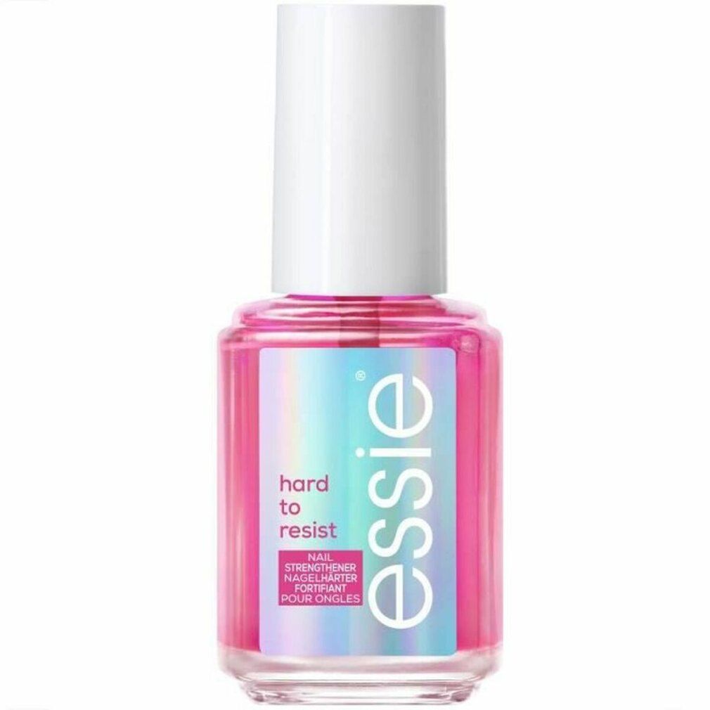 Flacone rosa di rinforzante per unghie con tappo bianco. Etichetta con "essie", "hard to resist" e "Nail Strenghtener".