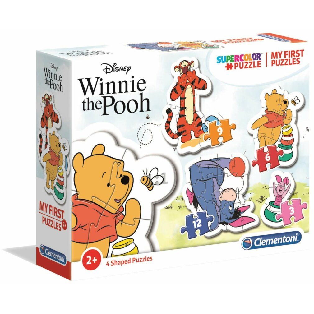 Puzzle Clementoni Winnie the Pooh 4in1. Con Winnie, Tigro, Pimpi e Ih-Oh. Età consigliata: 2+. Scatola con logo Disney e Clementoni.
