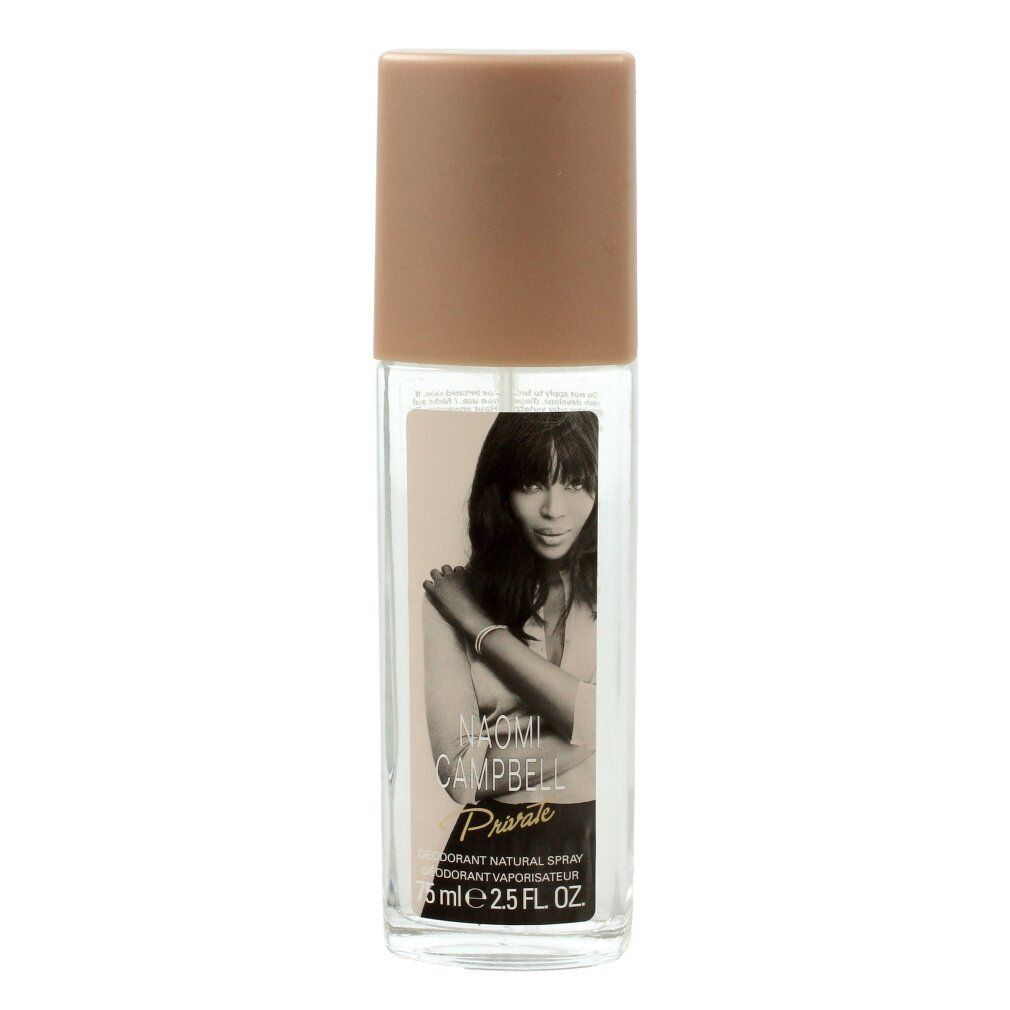 Spray deodorante con tappo marrone. Sul davanti, un ritratto in bianco e nero di Naomi Campbell. Sotto, la scritta "Private".