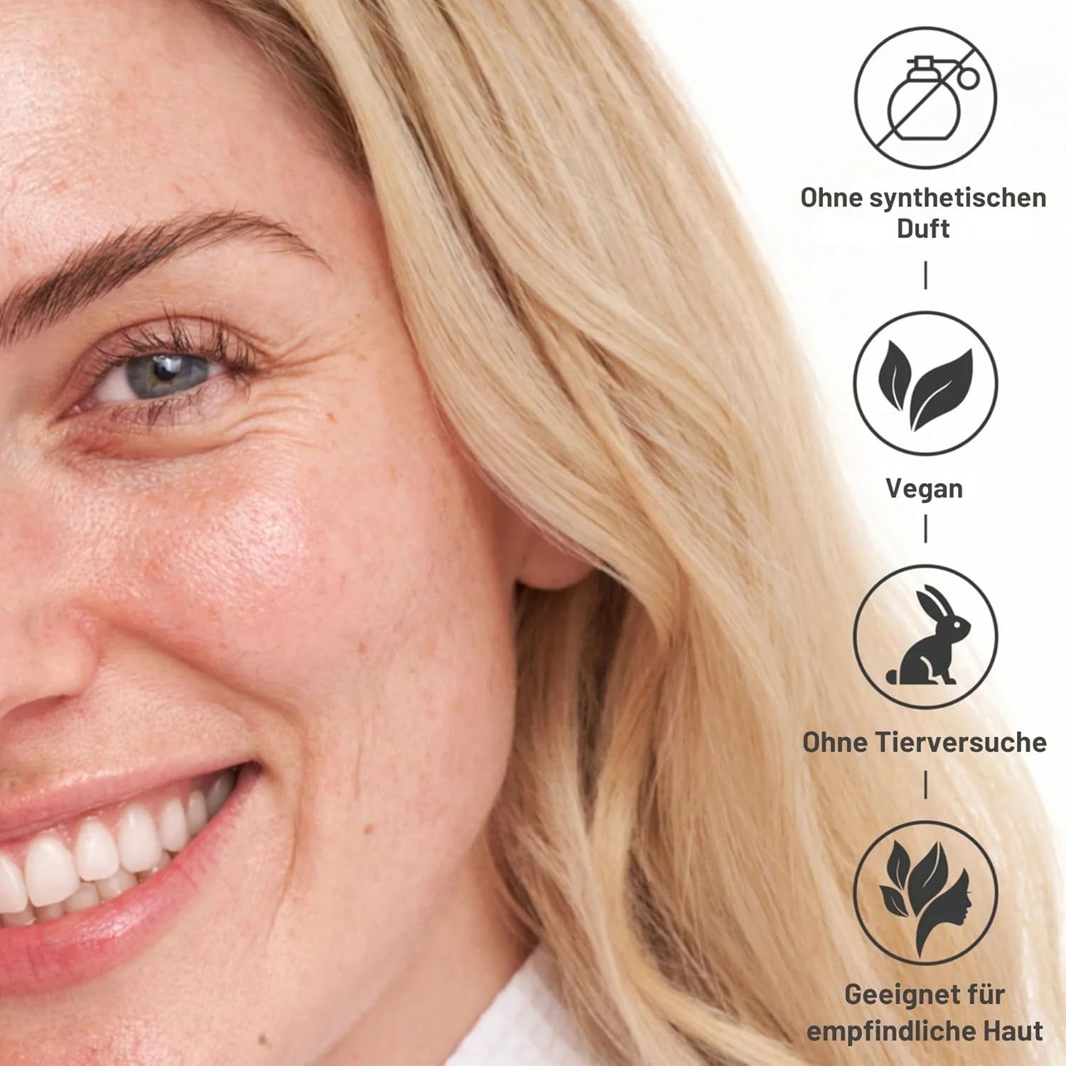 Donna con viso. Testo con informazioni sul prodotto: vegano, senza test sugli animali, pelle sensibile.