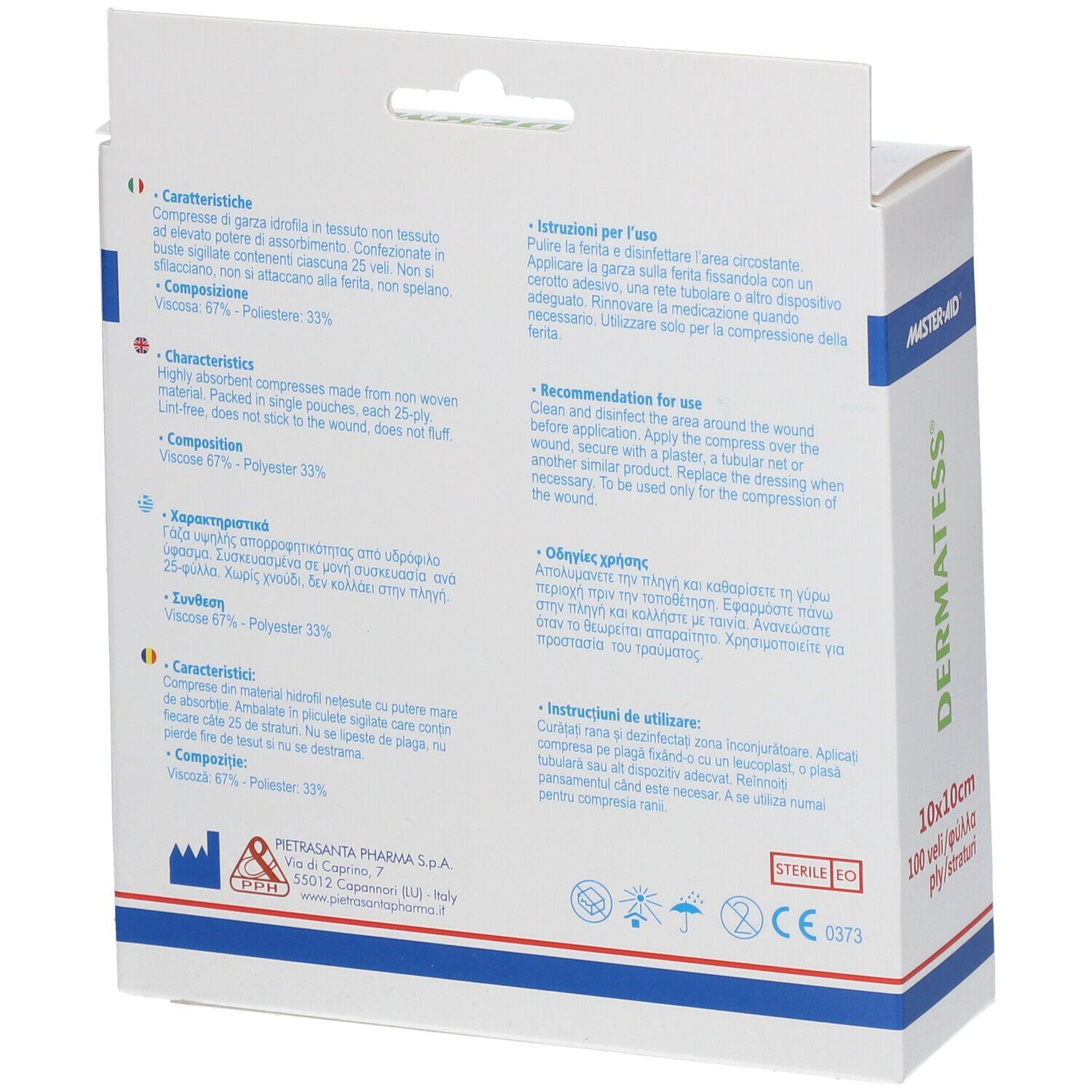 Retro della confezione di Dermatess® Garza in Tessuto 10x10cm. Informazioni su caratteristiche e uso.