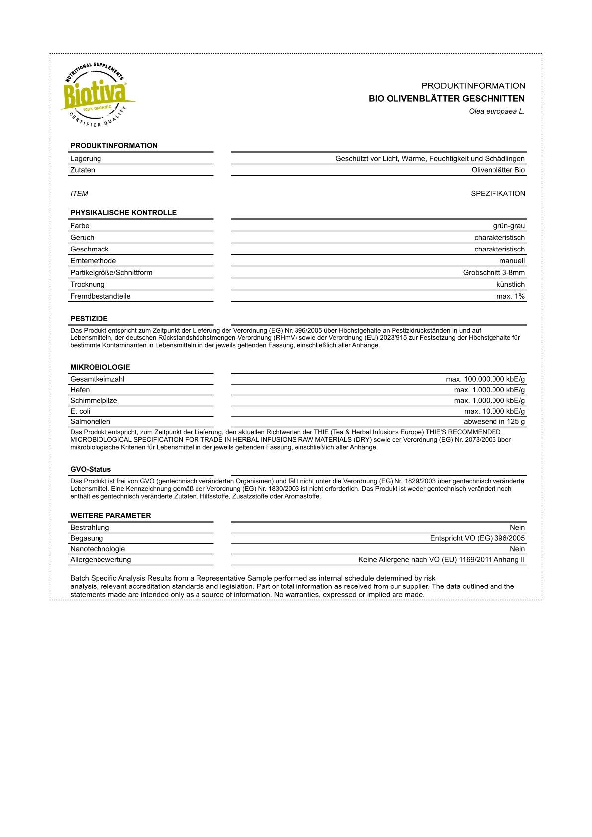 Tabella delle informazioni sul prodotto. Informazioni su stoccaggio, pesticidi, microbiologia, stato OGM e altri parametri.