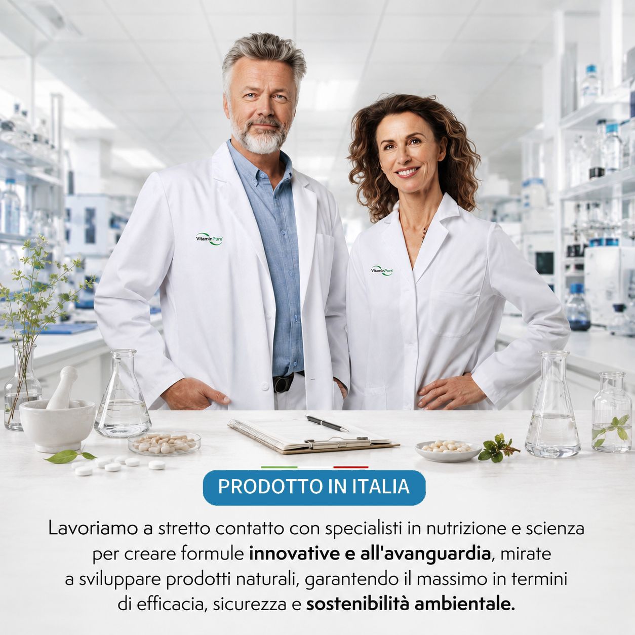 Due scienziati in camice da laboratorio si trovano in un laboratorio dietro un tavolo con attrezzature e pillole.