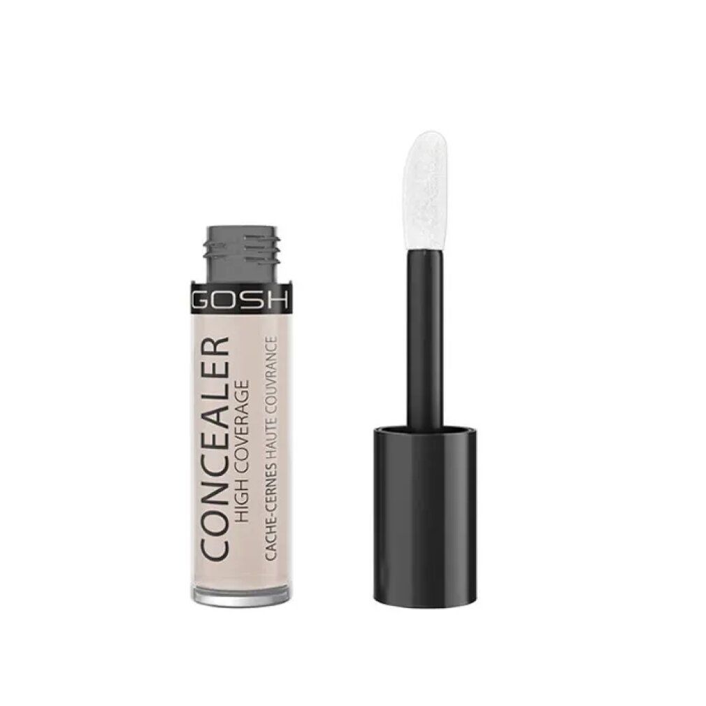 Correttore Gosh High Coverage 002 Ivory. Flacone e applicatore. Scritta: CONCEALER HIGH COVERAGE. Tonalità: Ivory.