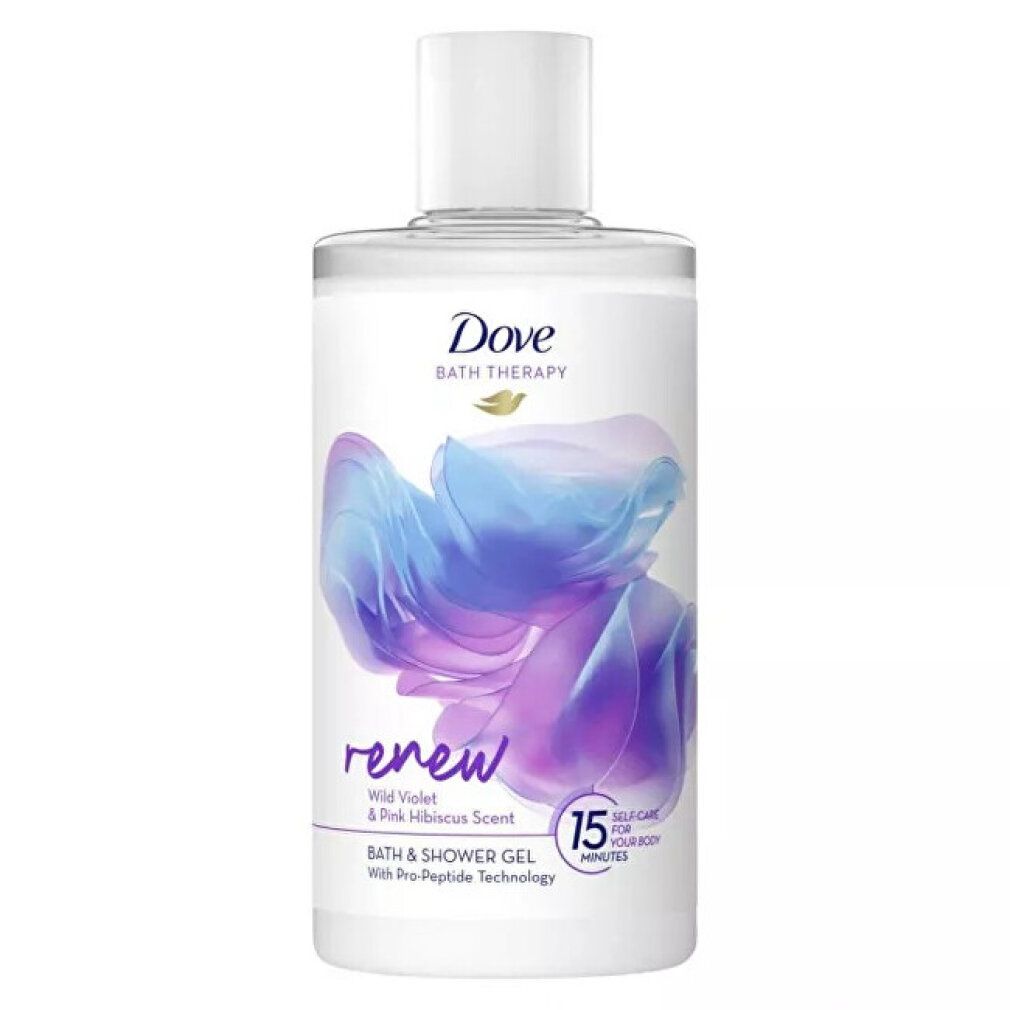Flacone trasparente con tappo bianco. Scritta Dove Bath Therapy Renew, Wild Violet & Pink Hibiscus Scent. 15 minuti.