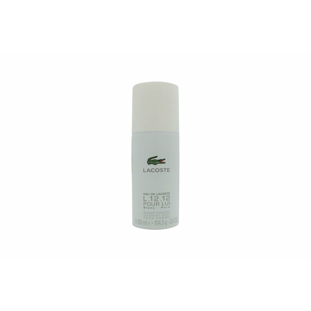 Spray deodorante bianco con logo coccodrillo verde. Testo: Eau de Lacoste L.12.12 Pour Lui Blanc, Deodorant Spray.