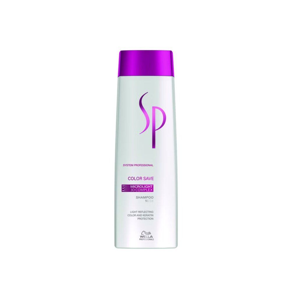 Shampoo bianco, tappo viola. Testo: SP Color Save Shampoo. Logo Wella.