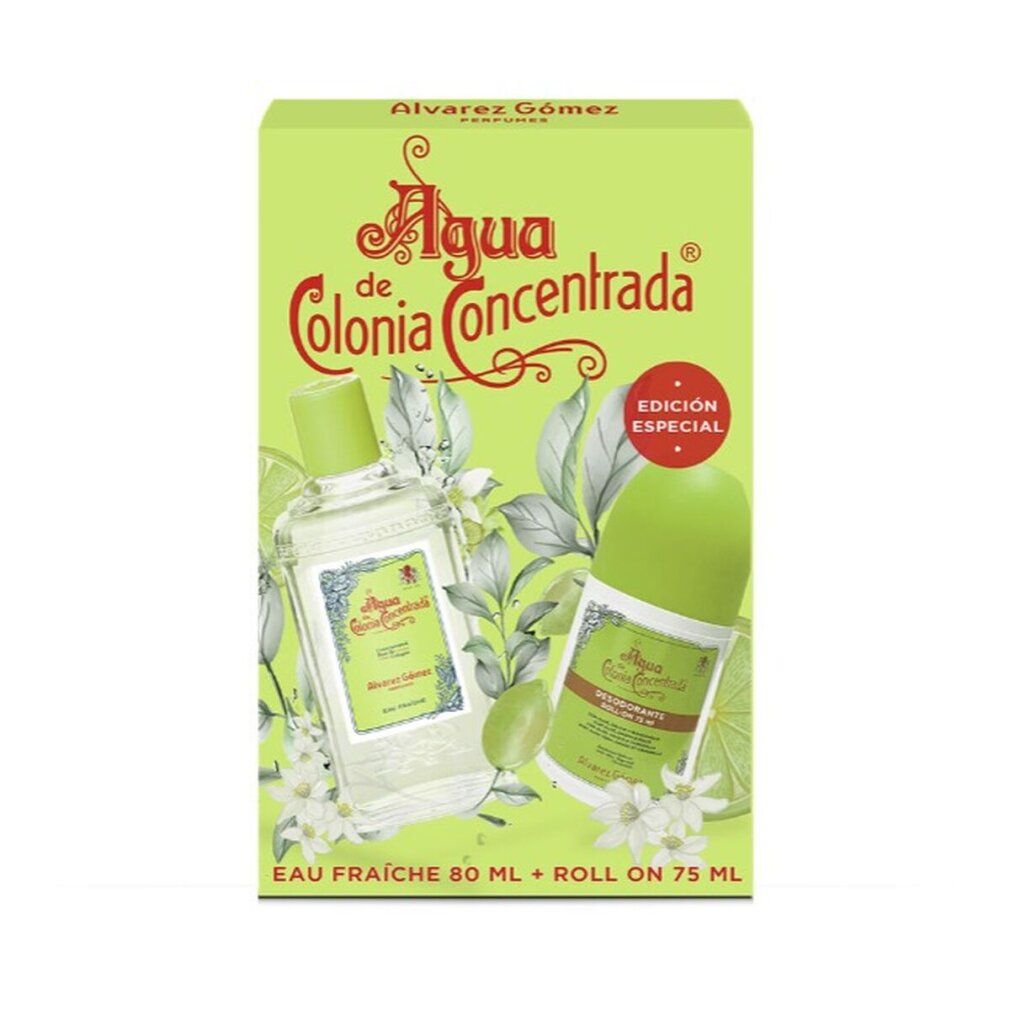 Confezione verde con flacone e roll-on. Scritta: Alvarez Gómez, Agua de Colonia Concentrada, Edición Especial. Eau Fraiche 80 ml + Roll on 75 ml.
