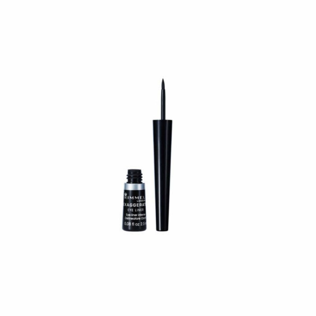 Eyeliner liquido nero aperto. Flacone e applicatore visibili. Marchio Rimmel Exaggerate.