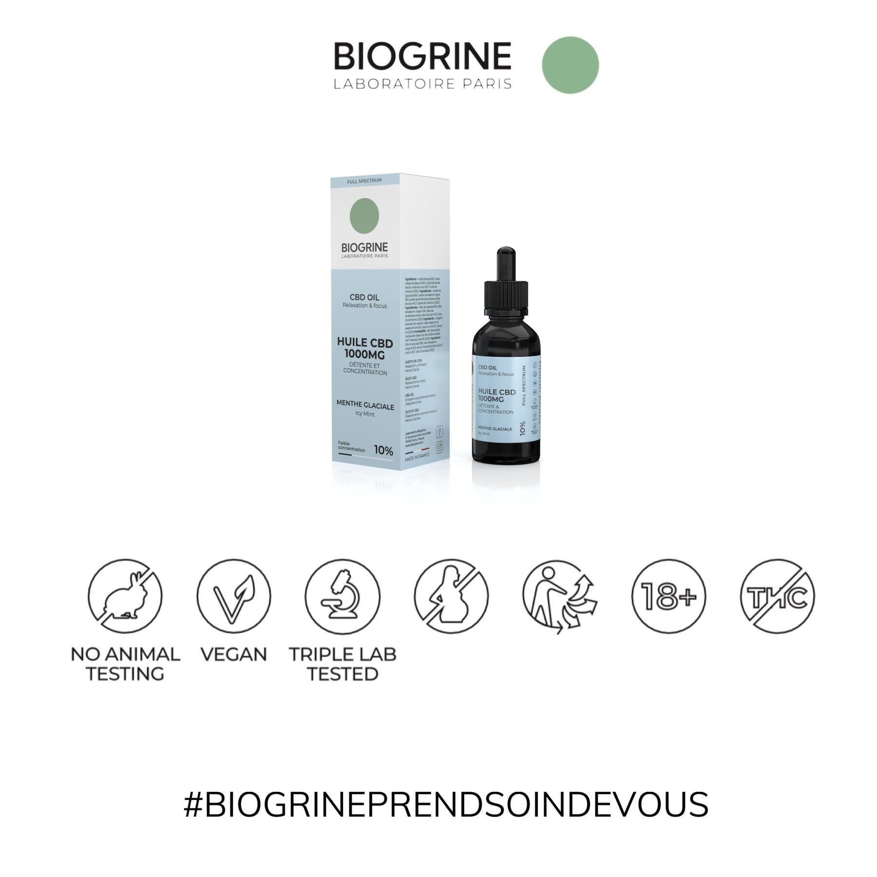 Flacone di olio CBD e confezione con loghi. Loghi: No Animal Testing, Vegan, Triple Lab Tested, 18+ e THC-free.