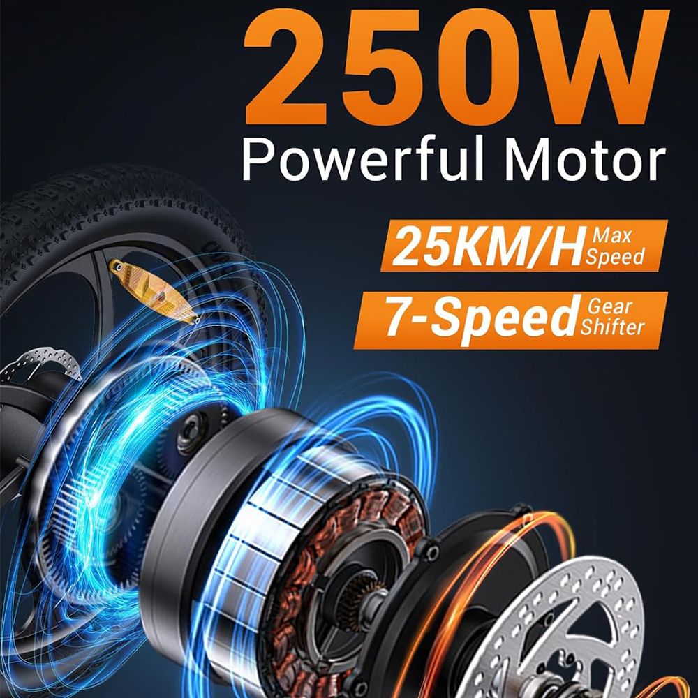 Motore elettrico con scritta 250W, velocità massima di 25KM/H e cambio a 7 velocità. Sfondo nero.