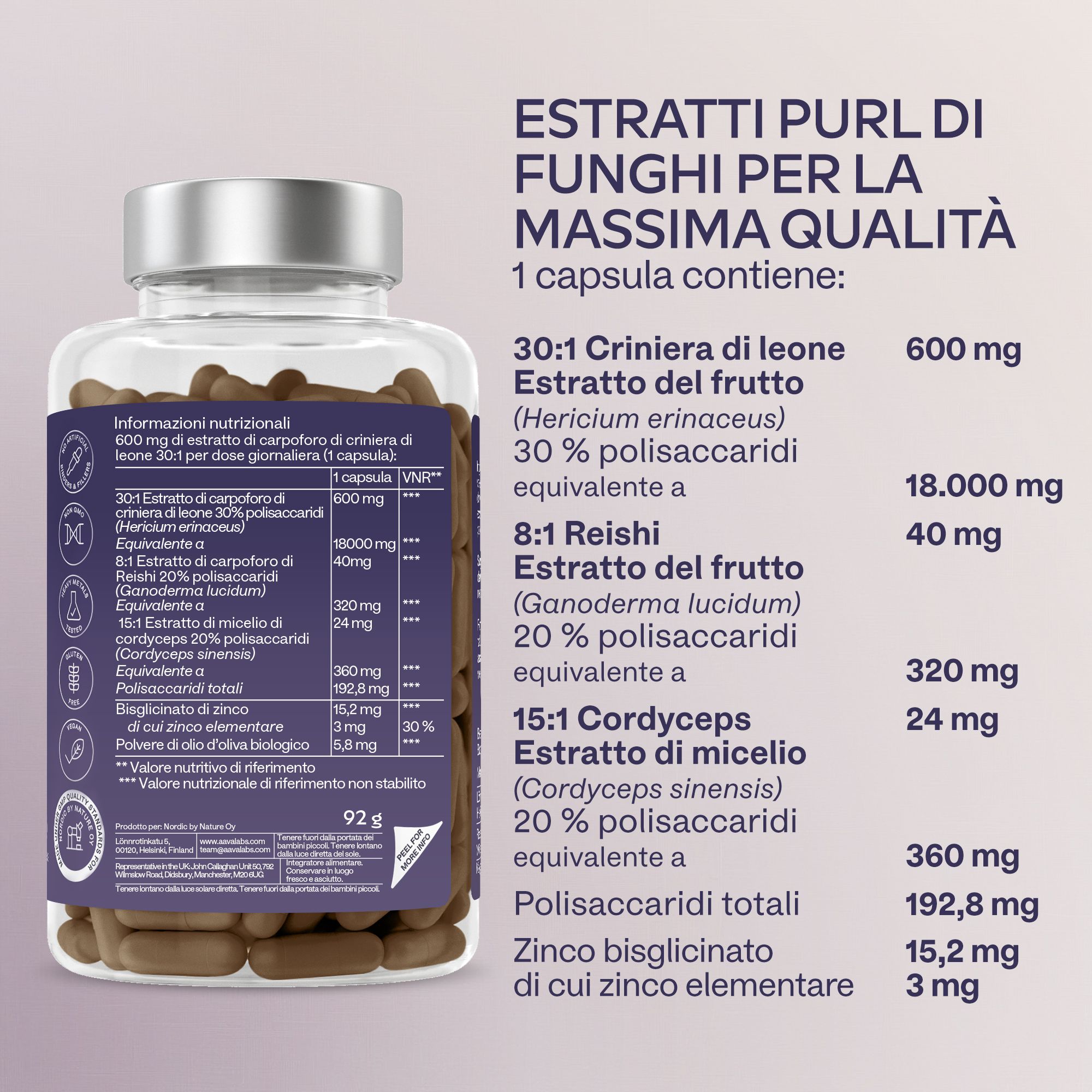 Capsule Aavalabs Lion's Mane con informazioni nutrizionali.