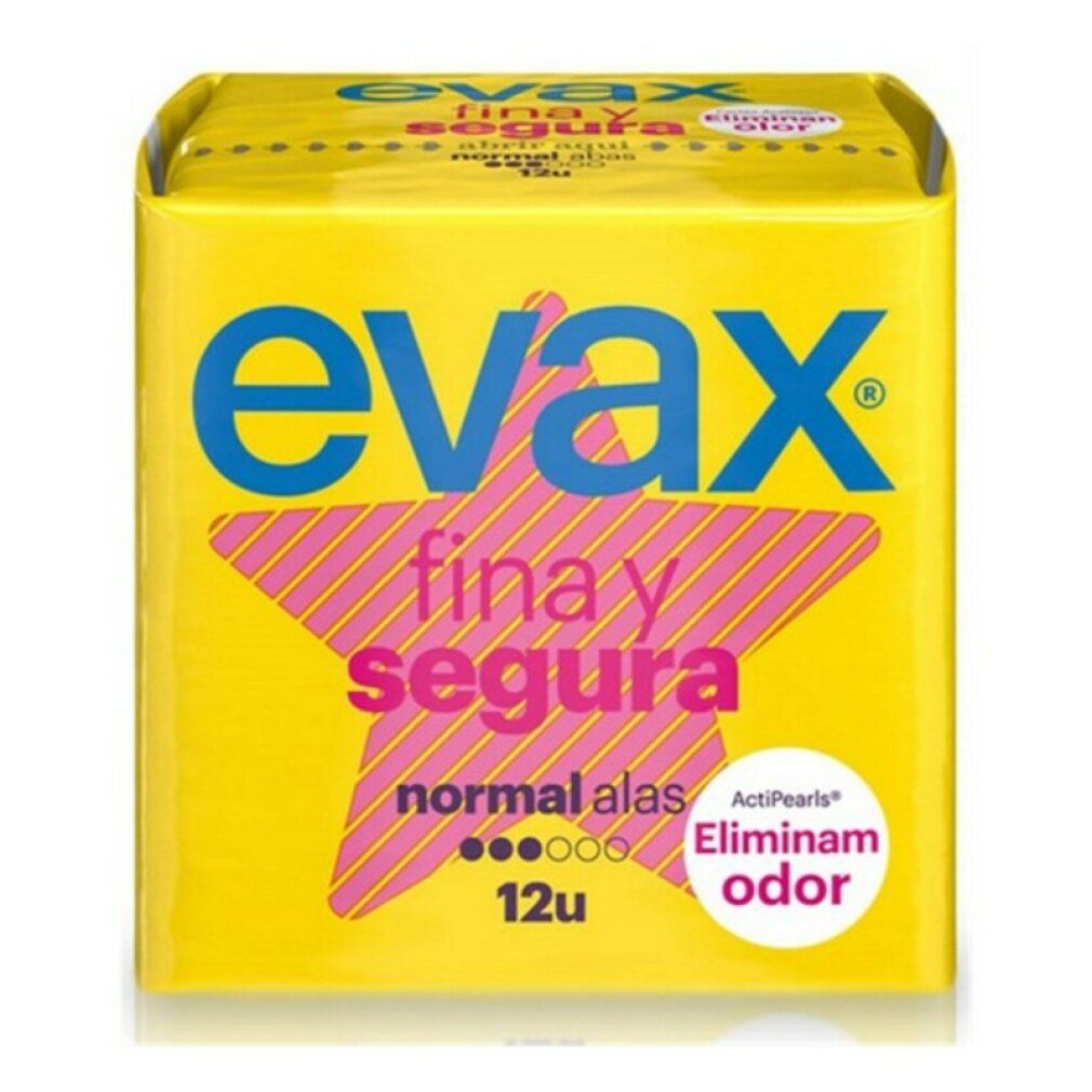 Confezione gialla con scritta blu "evax fina y segura normal alas 12u". Stella rosa. ActiPearls: Elimina o odor.