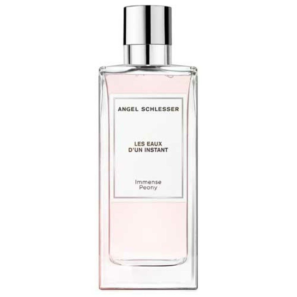 Flacone rettangolare con tappo argentato. Etichetta: "Angel Schlesser, Les Eaux d'un Instant Immense Peony".
