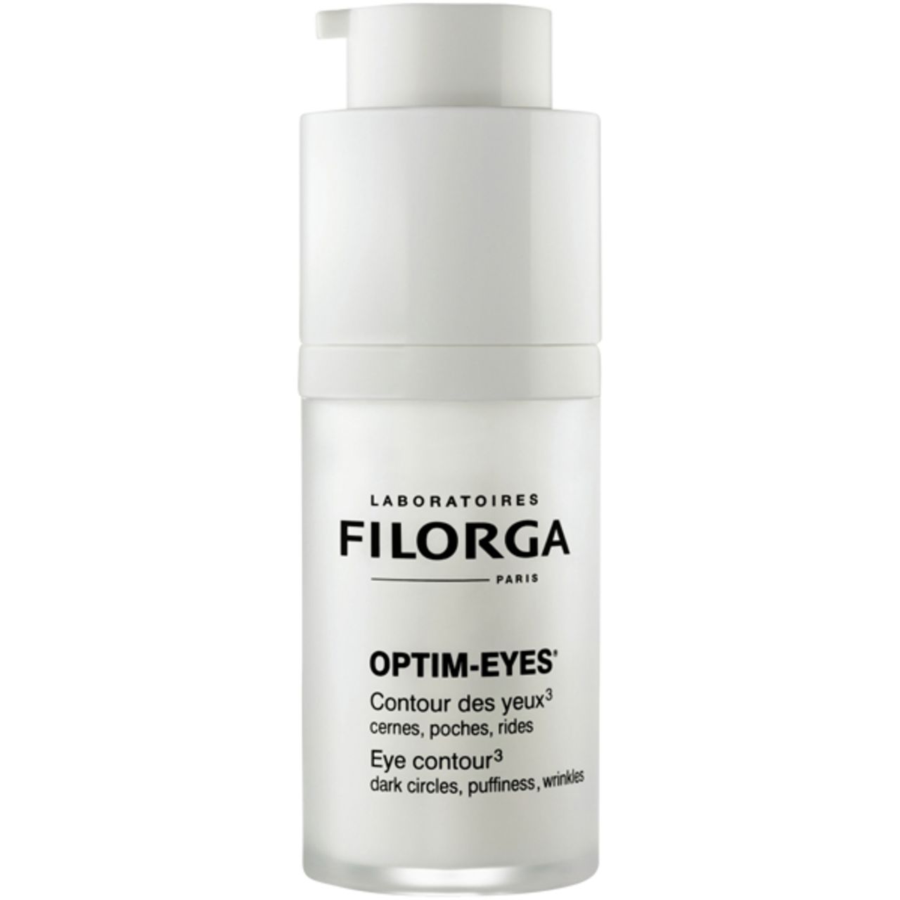 Flacone bianco Filorga Optim-Eyes con dosatore. Testo: Optim-Eyes, Contour des yeux, occhiaie, borse, rughe. Marchio Filorga.