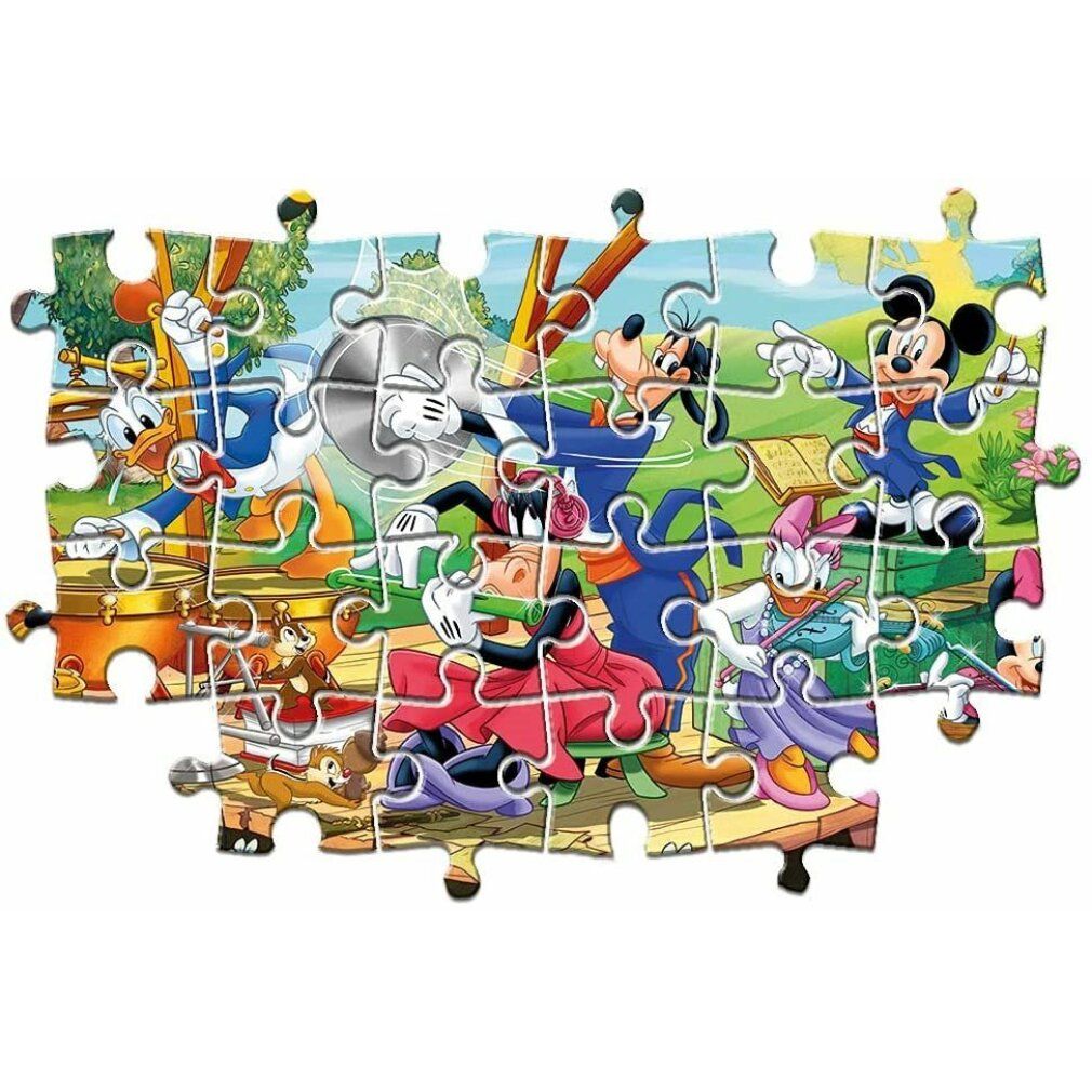 Puzzle con personaggi Disney, Mickey e amici. Parti del puzzle assemblate. I personaggi suonano musica. Logo Clementoni.
