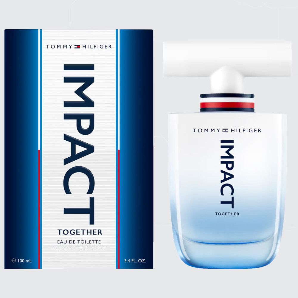Flacone e confezione di Tommy Hilfiger Impact Together Eau de Toilette. Bianco, blu e rosso. Testo: IMPACT TOGETHER.