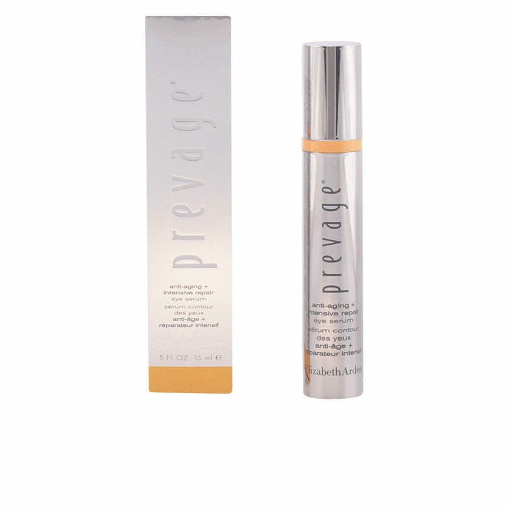 Flacone e scatola argentati con "prevage". Accento giallo. Testo: Siero occhi anti-età. 15 ml.