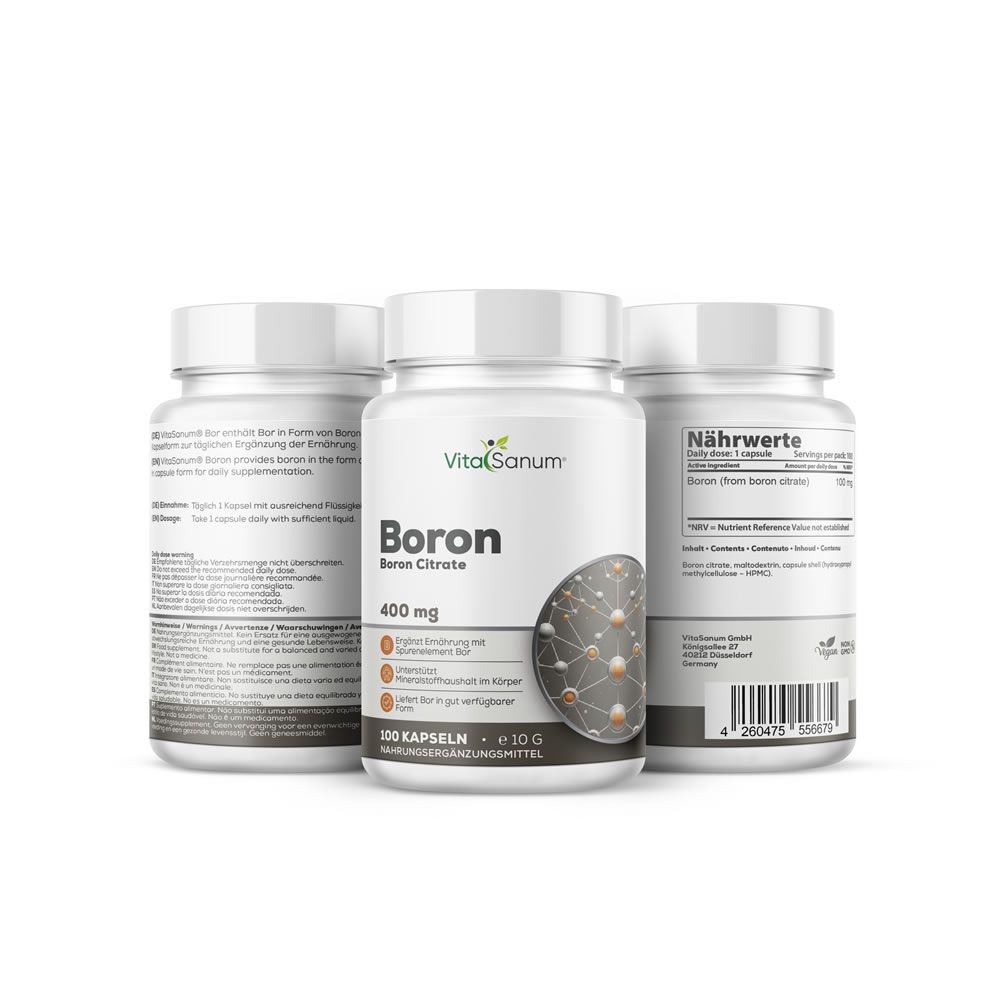 Tre flaconi bianchi con etichette. Uno mostra "VitaSanum Boron Citrate 400 mg". Un altro presenta informazioni nutrizionali.