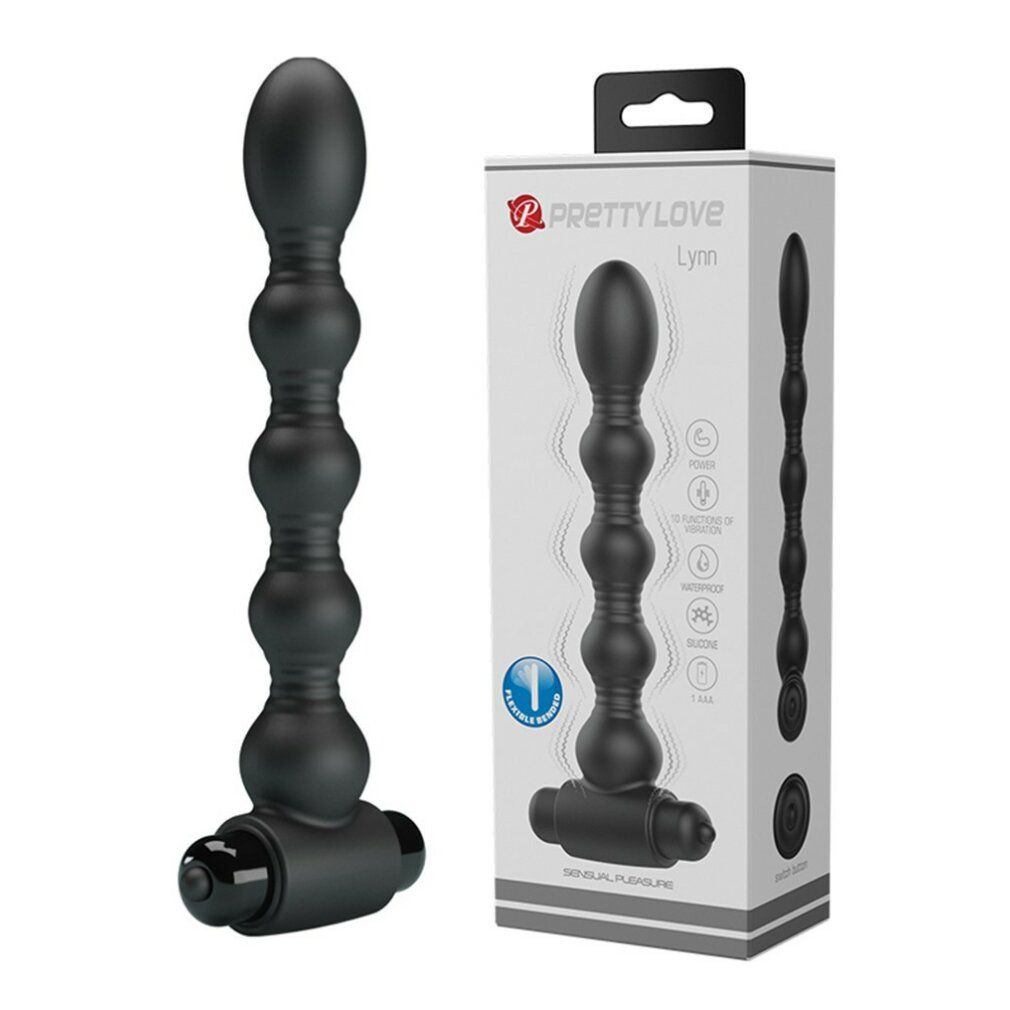 Plug anale nero accanto alla confezione. Scritta: Pretty Love, Lynn. Immagine del prodotto e icone.