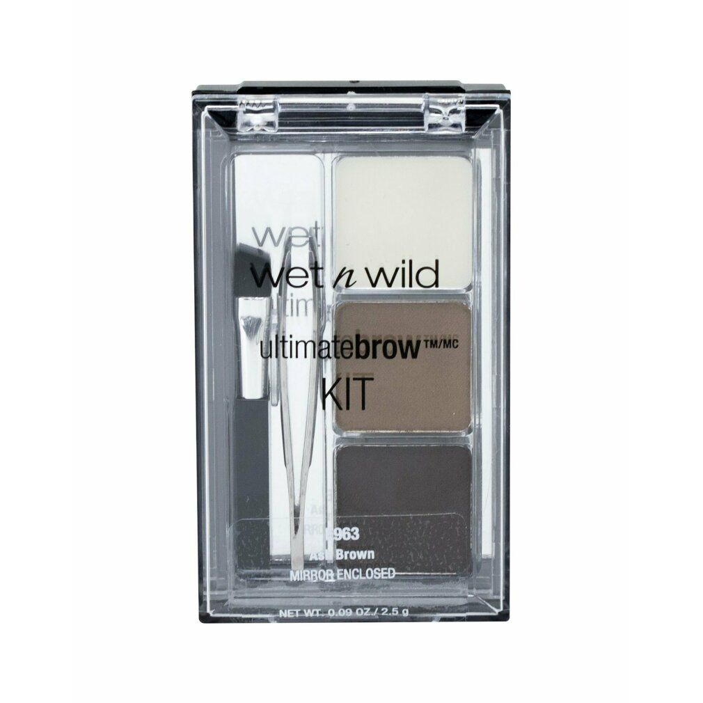 Contenitore in plastica trasparente con kit sopracciglia. Contiene polveri, pennello, pinzetta e specchio. Testo: "Wet n Wild Ultimate Brow Kit".