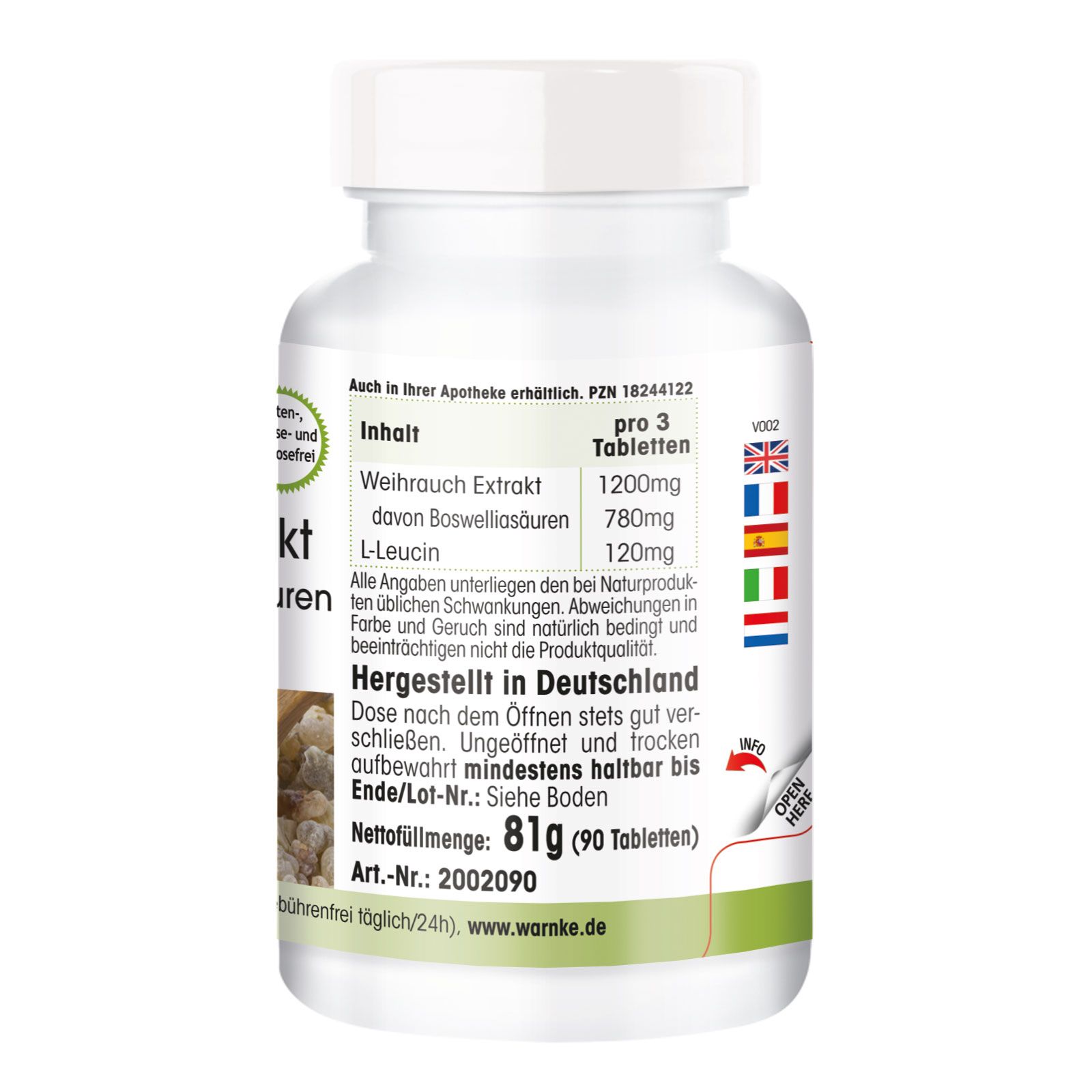 Retro del flacone di compresse. Testo con informazioni sul contenuto per 3 compresse. Prodotto in Germania. Warnke Vitalstoffe.