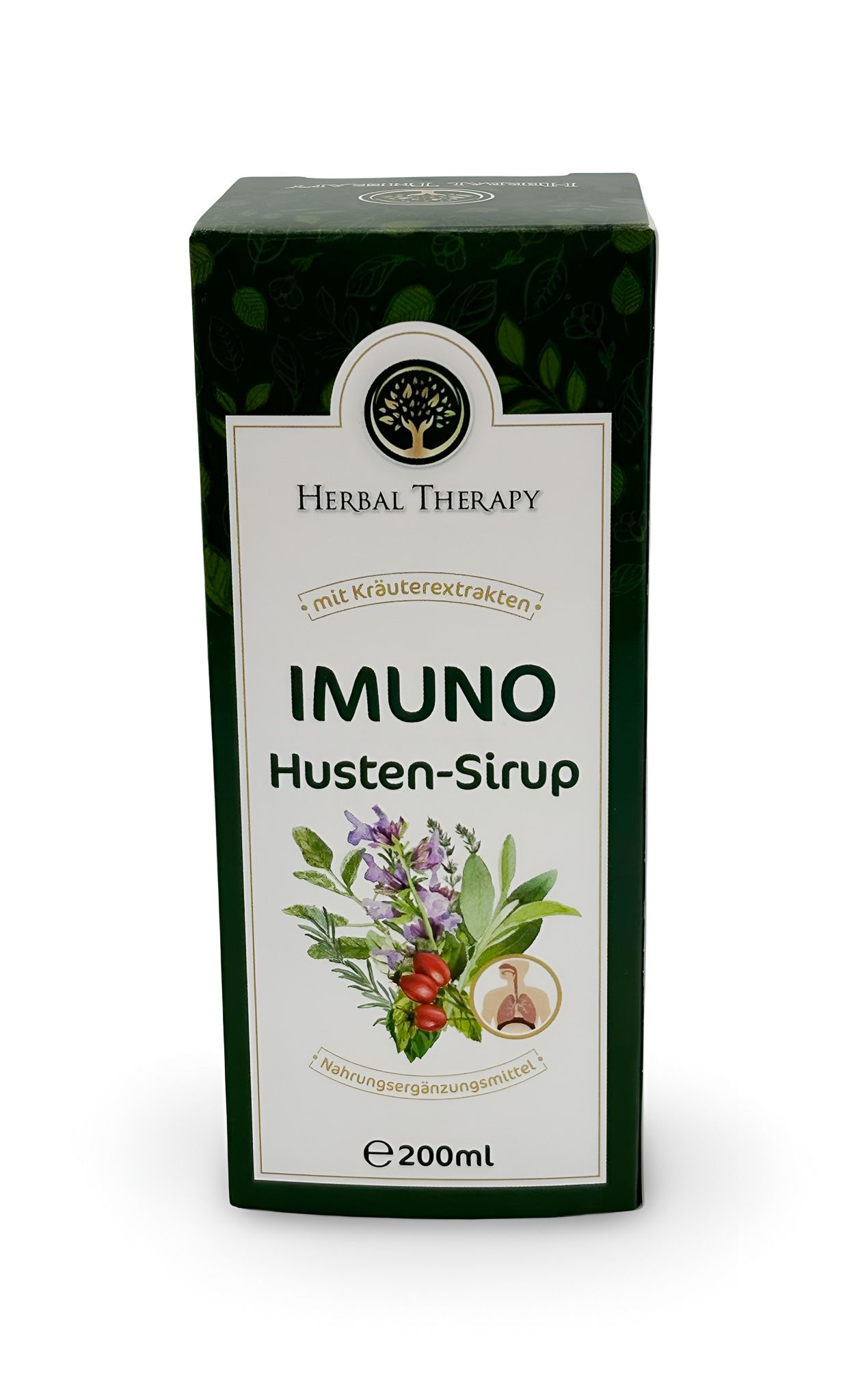 Scatola verde con scritta: IMUNO Husten-Sirup, Herbal Therapy. Con estratti di erbe. E 200ml. Illustrazione di erbe.