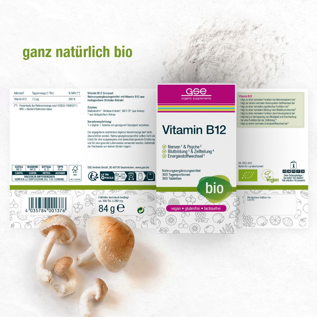 Scatola aperta con GSE Vitamin B12 Compact. Scritta: Vitamin B12, bio, 300 compresse. Funghi e informazioni nutrizionali.
