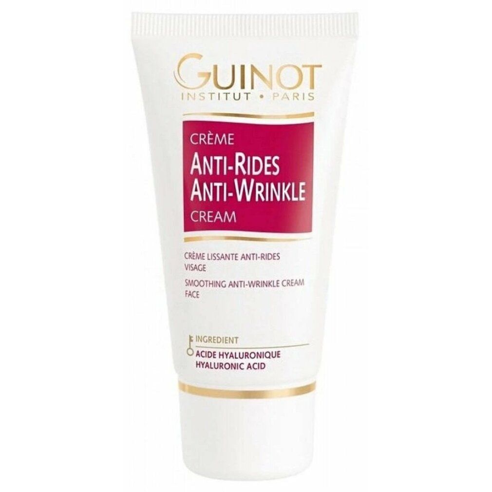 Tubo crema Guinot. Scritta: Crème Anti-Rides Anti-Wrinkle Cream. Contiene acido ialuronico. Crema levigante.