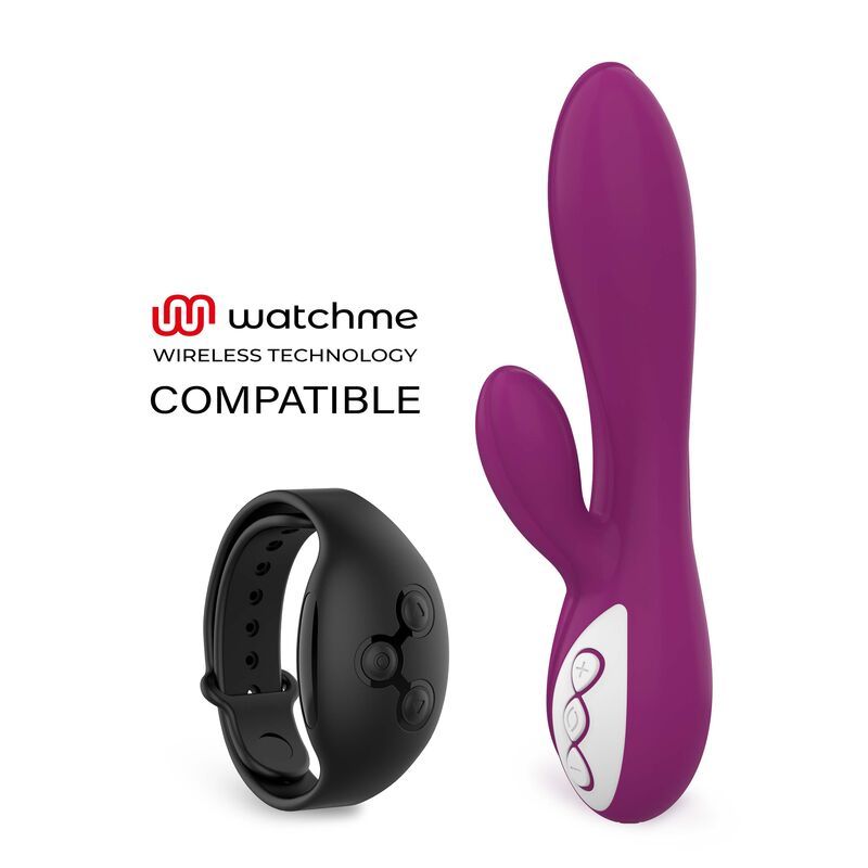 Vibratore viola e anello telecomando nero. Scritta "watchme wireless technology compatible".